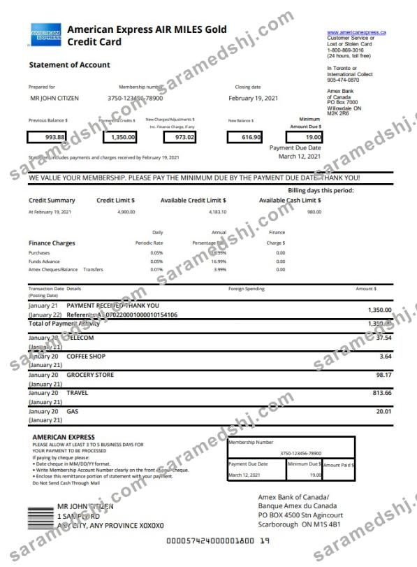 Canada American Express Air Miles Gold Credit Card excel pdf
